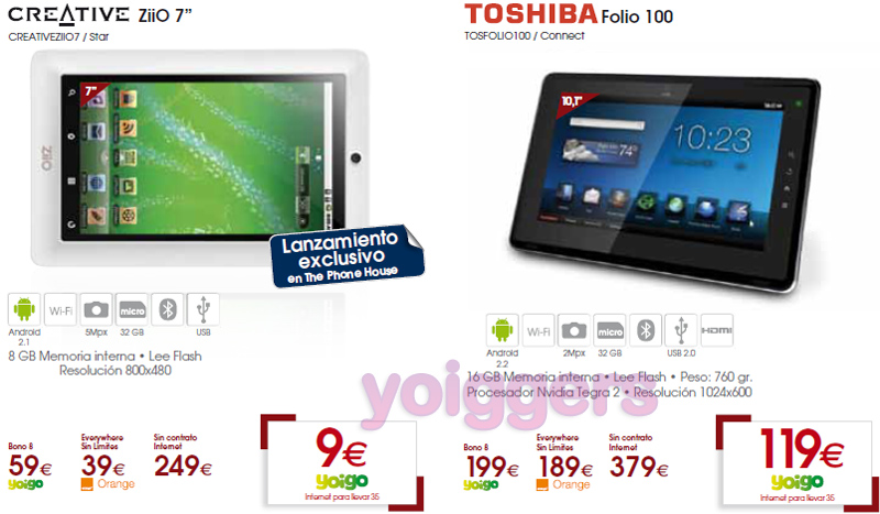Creative ZiiO y Toshiba Folio 100 con Yoigo