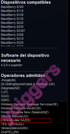 Xfera Móviles (Yoigo) en la web de BlackBerry