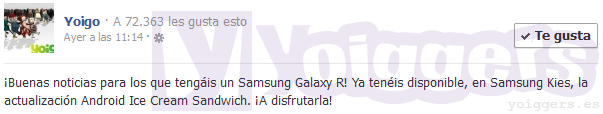 Android 4.0 para Samsung Galaxy R de Yoigo