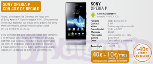 40€ de regalo con Sony Xperia P en Yoigo
