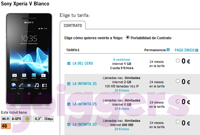 Sony Xperia V gratis con Yoigo en enero 2014